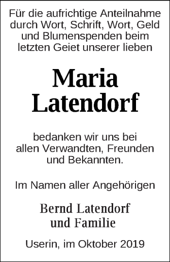 Traueranzeige von Maria Latendorf von Strelitzer Zeitung