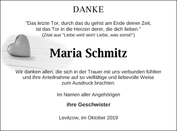 Traueranzeige von Maria Schmitz von Mecklenburger Schweiz