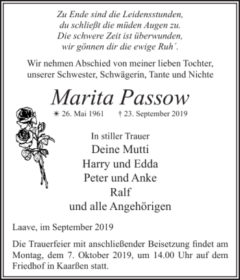 Traueranzeige von Marita Passow von Hagenower Kreisblatt