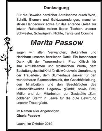 Traueranzeige von Marita Passow von Hagenower Kreisblatt