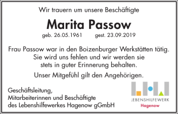 Traueranzeige von Marita Passow von Hagenower Kreisblatt