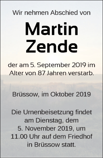 Traueranzeige von Martin Zende von Prenzlauer Zeitung