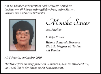 Traueranzeige von Monika Sauer von Müritz-Zeitung