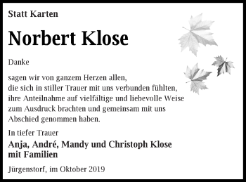 Traueranzeige von Norbert Klose von Mecklenburger Schweiz