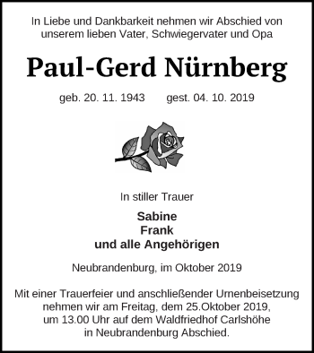 Traueranzeige von Paul-Gerd Nürnberg von Neubrandenburger Zeitung