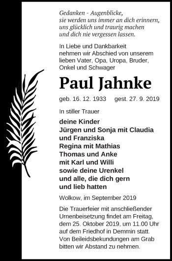 Traueranzeige von Paul Jahnke von Vorpommern Kurier