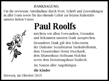 Traueranzeige von Paul Roolfs von Neubrandenburger Zeitung