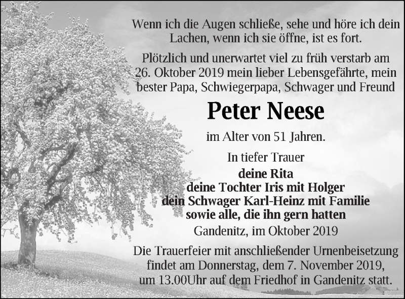  Traueranzeige für Peter Neese vom 30.10.2019 aus Templiner Zeitung