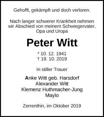 Traueranzeige von Peter Witt von Pasewalker Zeitung