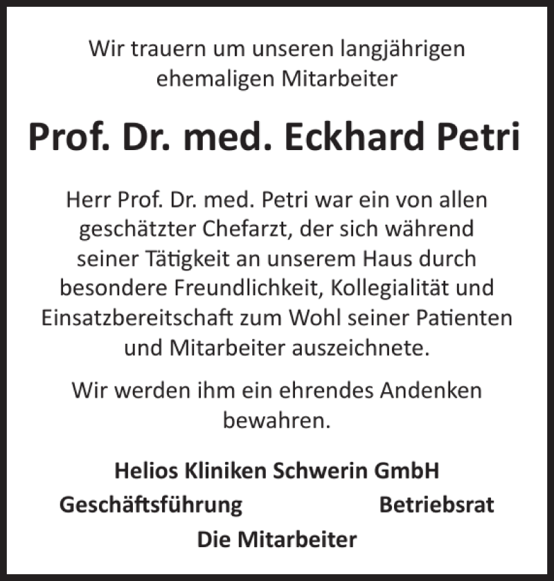  Traueranzeige für Prof. Dr. med. Eckhard Petri vom 12.10.2019 aus Zeitung für die Landeshauptstadt