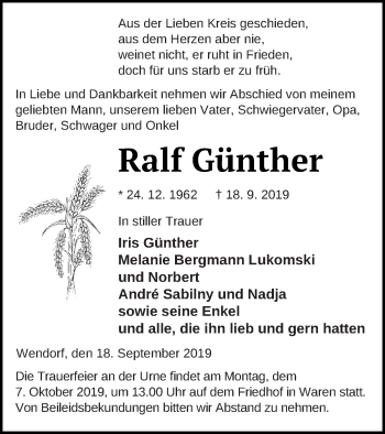 Traueranzeige von Ralf Günther von Müritz-Zeitung