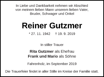 Traueranzeige von Reiner Gutzmer von Neubrandenburger Zeitung