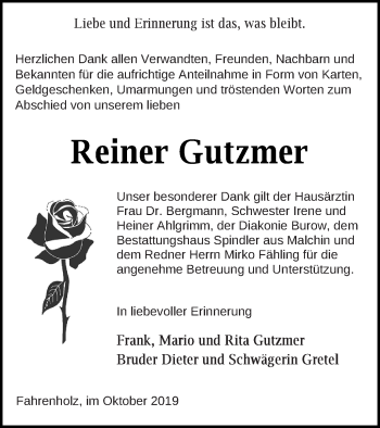 Traueranzeige von Reiner Gutzmer von Demminer Zeitung