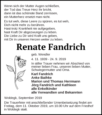 Traueranzeige von Renate Fandrich von Strelitzer Zeitung