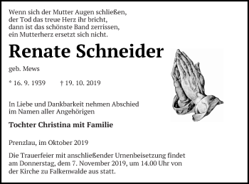 Traueranzeige von Renate Schneider von Prenzlauer Zeitung