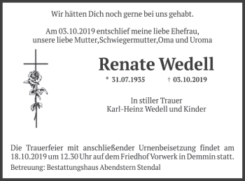 Traueranzeige von Renate Wedell von Demminer Zeitung