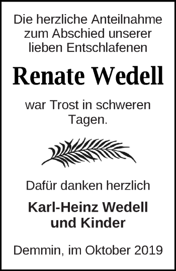 Traueranzeige von Renate Wedell von Demminer Zeitung