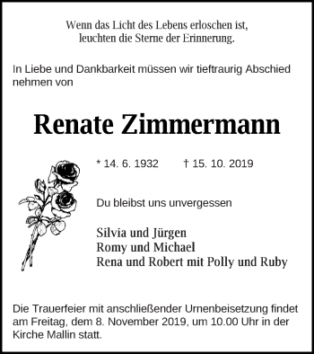 Traueranzeige von Renate Zimmermann von Müritz-Zeitung