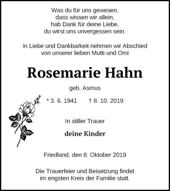 Traueranzeige von Rosemarie Hahn von Neubrandenburger Zeitung