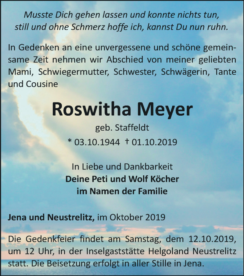  Traueranzeige für Roswitha Meyer vom 08.10.2019 aus Strelitzer Zeitung