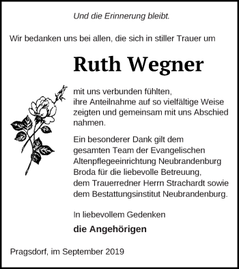 Traueranzeige von Ruth Wegner von Neubrandenburger Zeitung