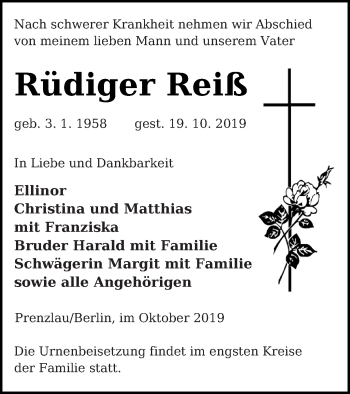 Traueranzeige von Rüdiger Reiß von Prenzlauer Zeitung