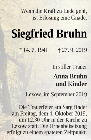 Traueranzeige von Siegfried Bruhn von Müritz-Zeitung