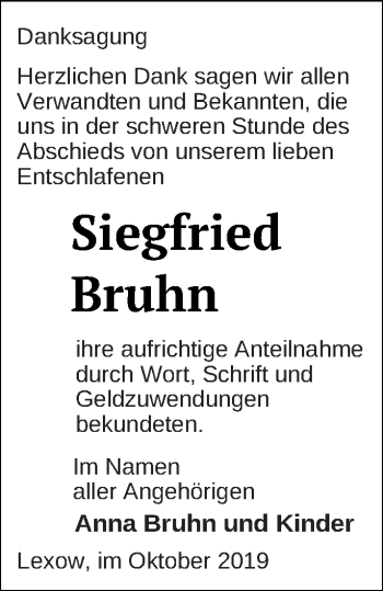 Traueranzeige von Siegfried Bruhn von Müritz-Zeitung