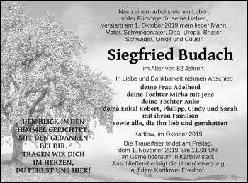 Traueranzeige von Siegfried Budach von Vorpommern Kurier