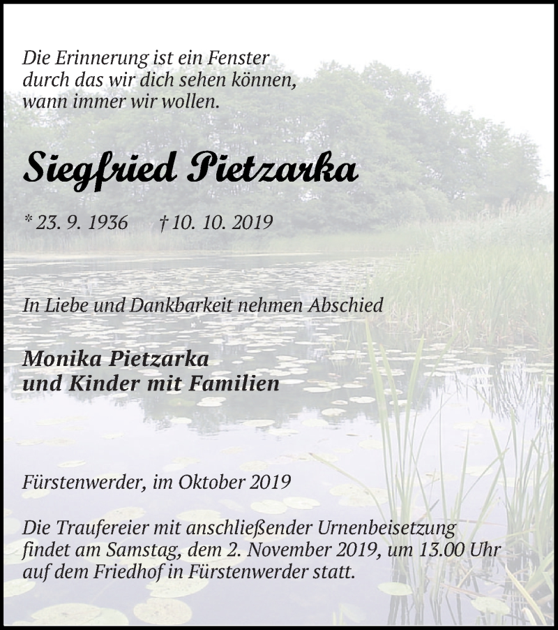  Traueranzeige für Siegfried Pietzarka vom 18.10.2019 aus Prenzlauer Zeitung