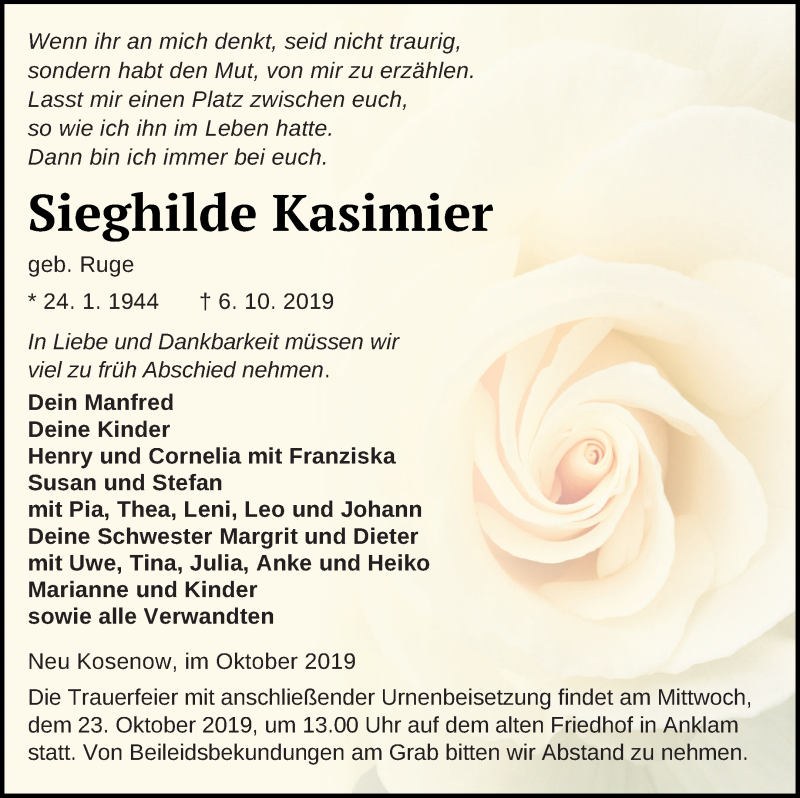  Traueranzeige für Sieghilde Kasimier vom 15.10.2019 aus Vorpommern Kurier