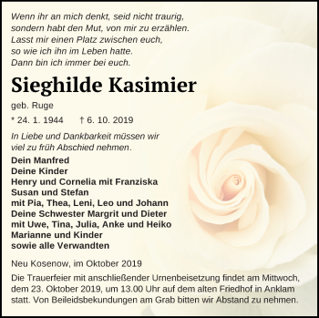 Traueranzeige von Sieghilde Kasimier von Vorpommern Kurier