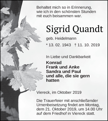 Traueranzeige von Sigrid Quandt von Pasewalker Zeitung