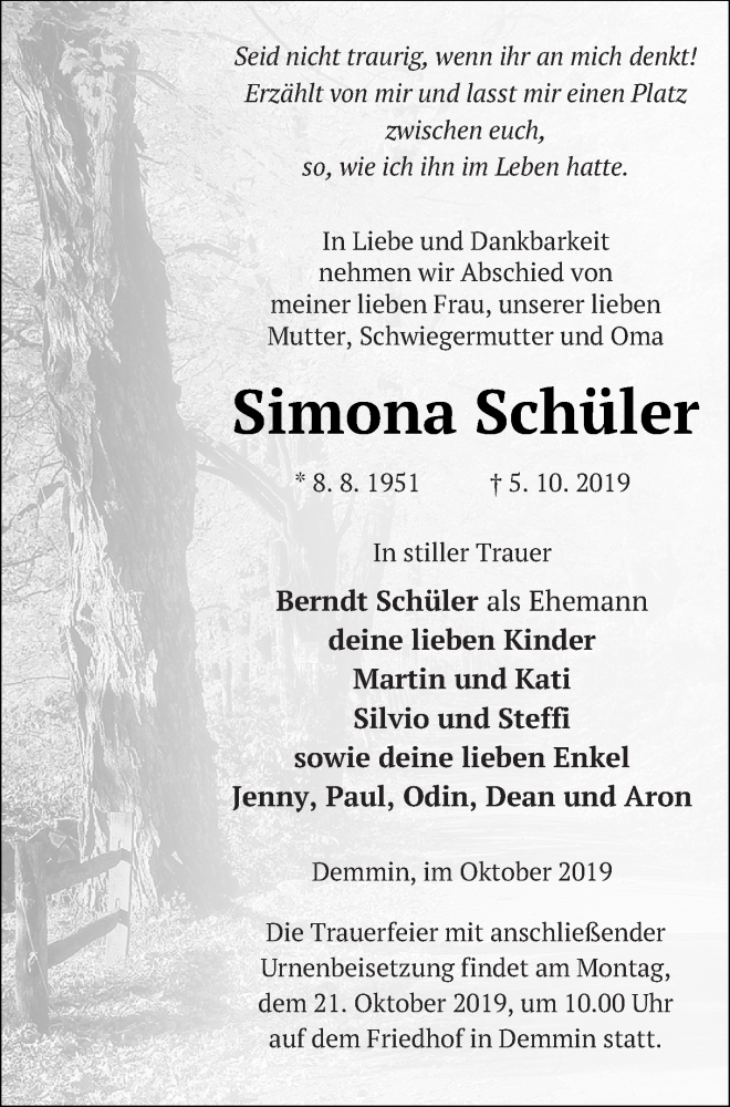  Traueranzeige für Simona Schüler vom 09.10.2019 aus Demminer Zeitung