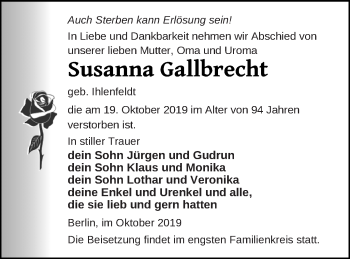 Traueranzeige von Susanna Gallbrecht von Prenzlauer Zeitung