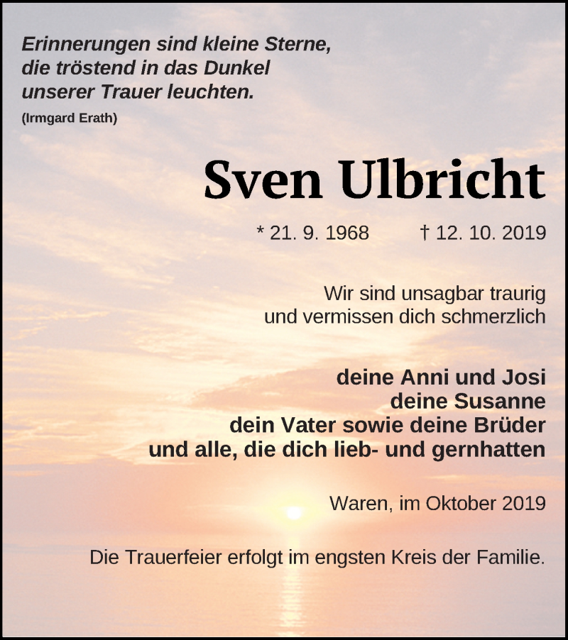  Traueranzeige für Sven Ulbricht vom 18.10.2019 aus Müritz-Zeitung
