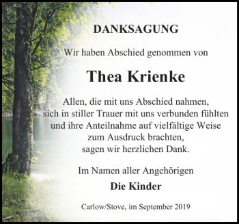 Traueranzeige von Thea Krienke von Gadebusch-Rehnaer Zeitung