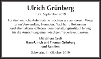 Traueranzeige von Ulrich Grünberg von Zeitung für die Landeshauptstadt