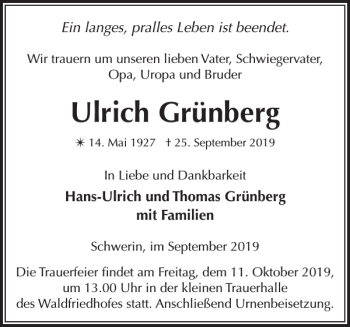 Traueranzeige von Ulrich Grünberg von Zeitung für die Landeshauptstadt