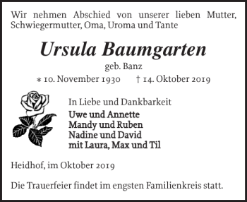 Traueranzeige von Ursula Baumgarten von Ludwigsluster Tageblatt