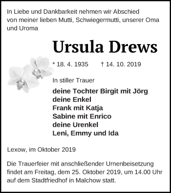 Traueranzeige von Ursula Drews von Müritz-Zeitung