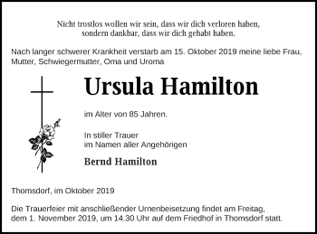 Traueranzeige von Ursula Hamilton von Templiner Zeitung