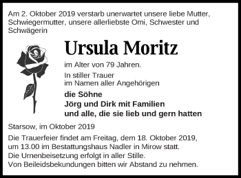 Traueranzeige von Ursula Moritz von Strelitzer Zeitung