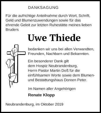 Traueranzeige von Uwe Thiede von Neubrandenburger Zeitung