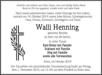 Traueranzeige von Walli Henning von Vorpommern Kurier