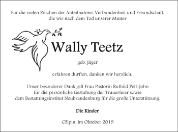 Traueranzeige von Wally Teetz von Neubrandenburger Zeitung