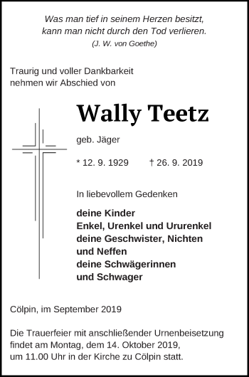 Traueranzeige von Wally Teetz von Neubrandenburger Zeitung