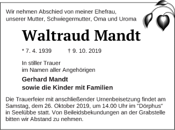 Traueranzeige von Waltraud Mandt von Prenzlauer Zeitung