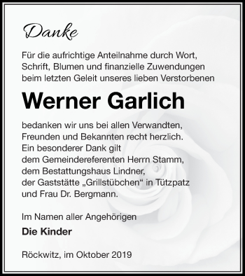 Traueranzeige von Werner Garlich von Neubrandenburger Zeitung