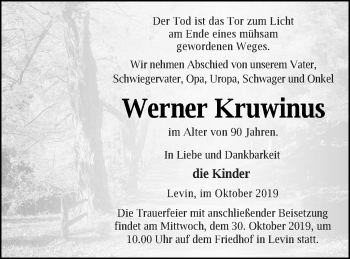 Traueranzeige von Werner Kruwinus von Mecklenburger Schweiz